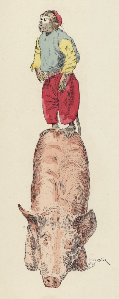 Abe rider på en gris (farve litho) af Jules Arsene (after) Garnier