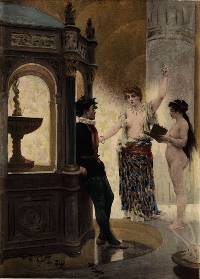 Bacbuc, prætendent for Flaskeoraklet, og Panurge i Flasketemplet. Til højre en af Bacbucs tjenestepiger. Pantagruel. Illustration af Jules Garnier. I "Rabelais et l