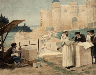 Broder Jean, munk i Seuille-klosteret, overvåger opførelsen af Theleme-klosteret. Gargantua. Illustration af Jules Garnier. I "Rabelais et l