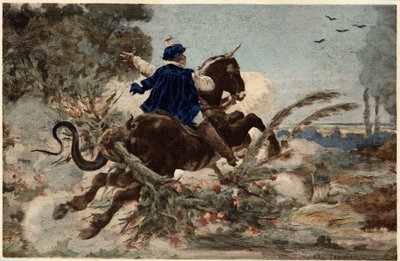 Gargantua på sin hoppe i færd med at ødelægge Beauce-skoven. Gargantua. Illustration af Jules Garnier. I "Rabelais et l