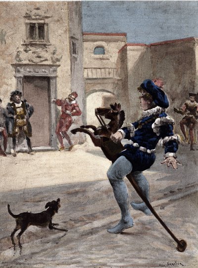 Gargantua rider på en træhest på gaden. Gargantua. Illustration af Jules Garnier. I "Rabelais et l