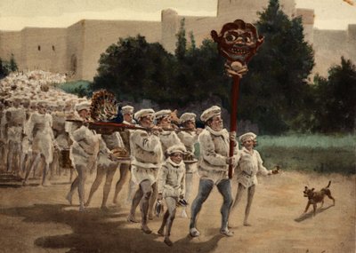 Gastrolaterne rykker frem mod deres gud, Gaster, med masser af offergaver. I spidsen for kortegen står en mand med en træstatue ved navn Manduce på toppen af en stok. Pantagruel. Illustration af Jules Garnier. I "Rabelais et l