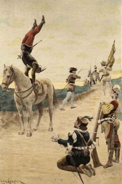 Gymnast udfører cabrioles på sin hest, hvilket får Tripets soldater til at flygte i frygt. Gargantua. Illustration af Jules Garnier. I "Rabelais et l