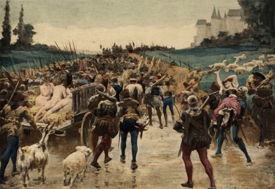 Picrocholes hær, kongen af Lerne, rykker frem mod Grandgousiers land, Gargantuas far. Gargantua. Illustration af Jules Garnier. I "Rabelais et l