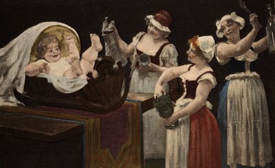 Husholderskerne i Gargantua underholder barnet ved at lave larm med glas og flasker. Gargantua. Illustration af Jules Garnier. I "Rabelais et l