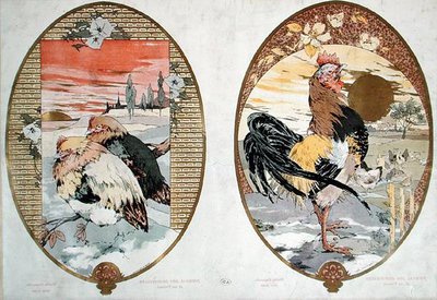 Hane og høns, design til en skærm, ca. 1900 (farve litho) af Jules Auguste Habert Dys