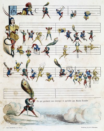 Noder af musik på et partitur, tegning af Baric fra 1862 for at illustrere Kroknotskis børnebog, der fortæller historien om Martin Landor. af Jules Baric