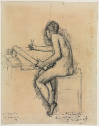 Studie af en siddende nøgen kvindelig modeltegning af Jules Bastien Lepage