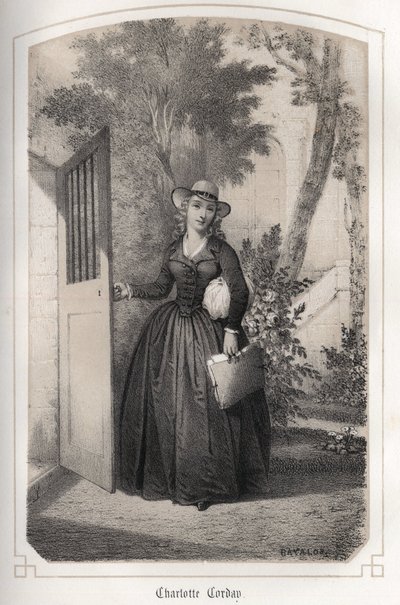 Portræt af Charlotte Corday (1768 - 1793). i ""The illustrious women of France"" af grevinde DROHOJOWSKA. ILLUSTRER AF DRUTTER AF MM JULES OG BAYALOS. omkring 1850. af Jules and Bayalos Aime de David