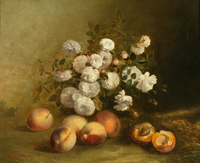 Blomster og abrikoser (olie på lærred) af Jules Bidlingmeyer