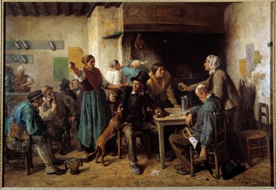 Mandag. Kunder ved et bord i en kro af Jules Breton