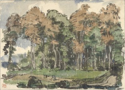 Vej i en skovkant, med bønder på arbejde af Jules Chadel