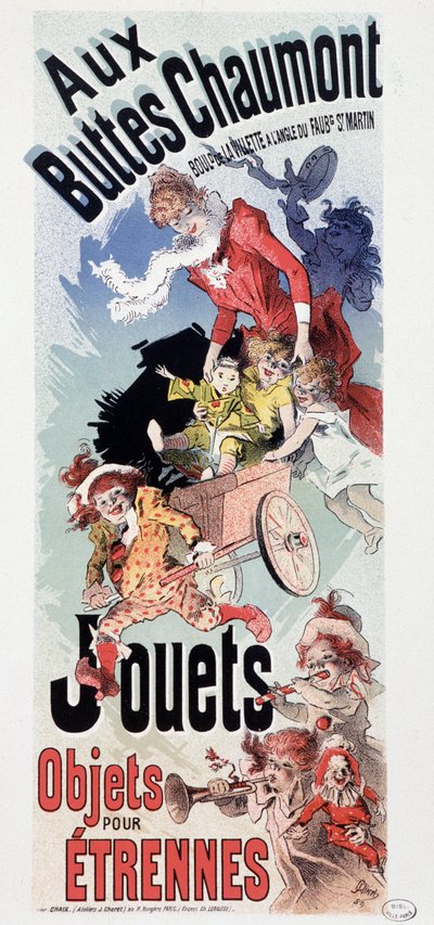Annoncering for legetøj i butikken "" Les Buttes Chaumont"" - af Jules Cheret, ca. 1890 af Jules Cheret