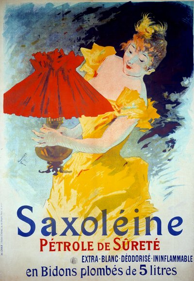 Reklameplakat for produktet "Saxoleine Petrole de surete": En kvinde putter olie i en lampe. Reklameplakat for "Saxoleine", olie til sikkerhedslamper af Jules Cheret (1836-1932) af Jules Cheret