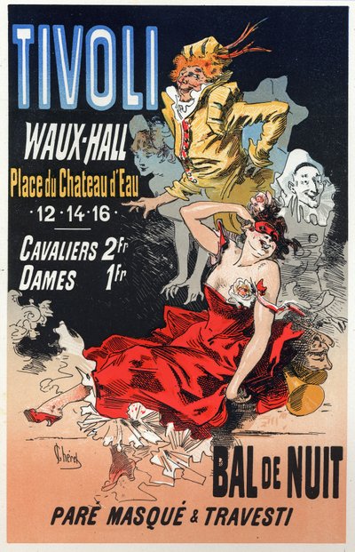 Kunst. Underholdning. Maskeradebal i Tivoli Waux Hall, Paris. Plakat af Jules Cheret, Frankrig, ca. 1870 (plakat) af Jules Cheret