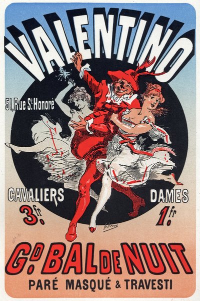Kunst. Underholdning. Valentino, maskeradebal i Paris. Plakat af Jules Cheret, Frankrig, ca. 1870 (plakat) af Jules Cheret