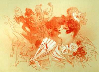 Ved bal - tegning (sanguine) af Jules Cheret (1836 - 1932) - unge kvinder og dansere - dans - privat samling - af Jules Cheret