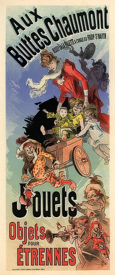 Aux Buttes Chaumont. Reklameplakat for en legetøjsbutik. Omkring 1900 af Jules Cheret