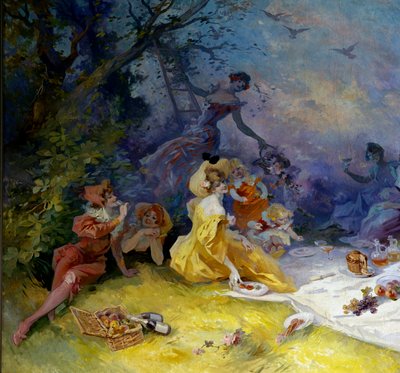 Morgenmad på græsset Scene af en picnic på landet. Detalje. Maleri af Jules Cheret (1836-1932) Nice fra det 20. århundrede, Musee Cheret af Jules Cheret