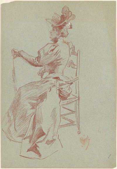 Elegant dame siddende i en stol af Jules Cheret