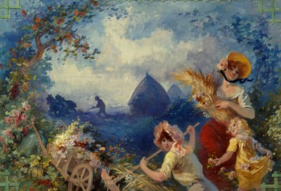 La Terre Allegorie, der repræsenterer unge kvinder, der holder hvedestøvler på baggrund af høst. Karton til gobelin af Jules Cheret (1836-1932) Nice fra det 20. århundrede, Musee Cheret af Jules Cheret