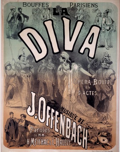 Plakat for operetten "Diva" med musik af Jacques Offenbach (1819-1880) på de parisiske Bouffes af Jules Cheret