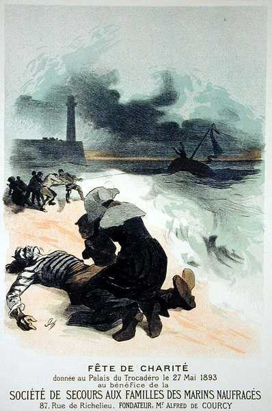 Reproduktion af en plakat, der reklamerer for en "velgørenhedsfest" til fordel for "The Society for the Safety of Families of Shipwrecked Marines" i Trocadero Palace af Jules Cheret
