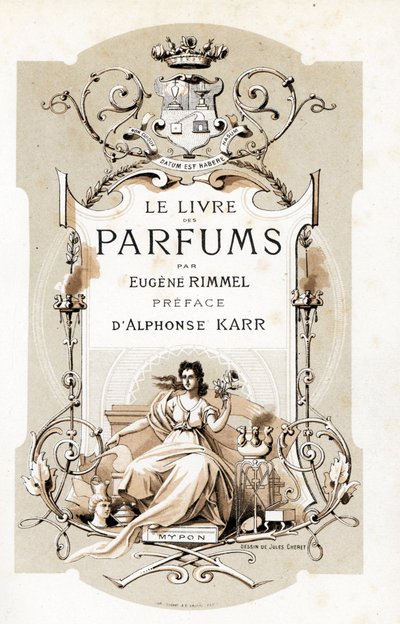 Titelblad med et våbenskjold og en kvinde, der holder en rose, siddende på en trone - Illustration af Jules Cheret (1836-1932) fra Le Livre des Parfums af Eugene Rimmel (1820-1887), Frankrig af Jules Cheret
