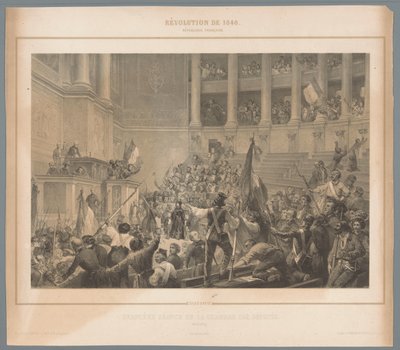 Paris-oprørere forstyrrer møde i Deputeretkammeret Dernière séance de la chambre des députés (titel på objektet) Scener fra februarrevolutionen i 1848 (serietitel) Revolution de 1848 (serietitel på objekt) af Jules  David