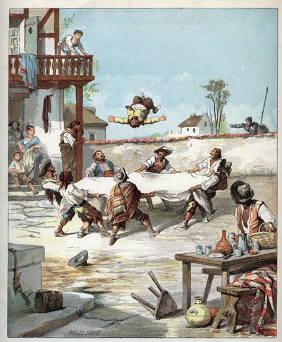 I kroen Sancho Panza er mandskabt, han kalder sin herres Don Quixote for at hjælpe ham - På hotellet laver des gaillards voltiger Sancho Panza med et tæppe, Sancho ringer for at hjælpe sin herre Don Quixote - Illustration af Jules David (1808-1892) fra His af Jules David