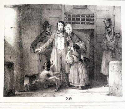 Mand, der forlader fængslet og genforenet med sin familie, ca. 1830. af Jules David