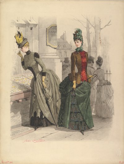 Two Women in Day Dresses: Forberedende tegning til en modeplade fra..., 19. oktober 1886. af Jules David