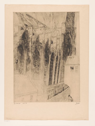 Udsigt over sidefacaden af ​​Sint-Niklaaskerk i Gent Eglise St Nicolas Gand (titel på objekt) Rue du Chapeau Rouge a Gand af Jules De Bruycker (signed by artist)