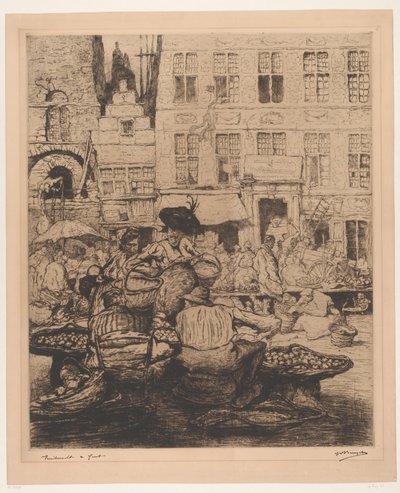 Bybillede med frugtmarked i Gent Frugtmarked i Gent (titel på objekt) af Jules De Bruycker (signed by artist)