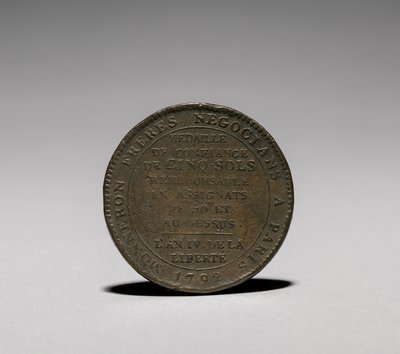Medalje: Fem Soler udstedt af Monneron Brothers, Paris, 1792 bagside. af Jules Dupré