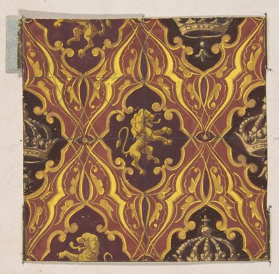 Design til tapet med frodige løver og kroner, 1830-97. Skaber: Jules-Edmond-Charles Lachaise, Eugène-Pierre Gourdet. af Jules Edmond Charles Lachaise and Eugène Pierre Gourdet