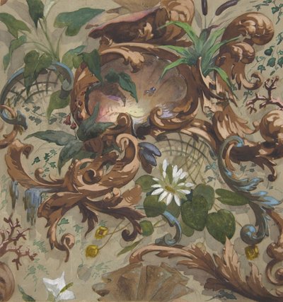 Design til tapet med skaller, åkander og havkager, 1830-97. Skaber: Jules-Edmond-Charles Lachaise, Eugène-Pierre Gourdet. af Jules Edmond Charles Lachaise and Eugène Pierre Gourdet