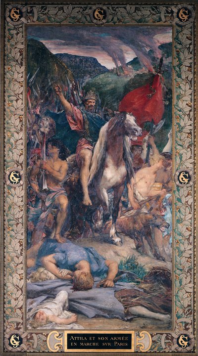 Attila (ca. 406-453) og hans hær marcherer mod Paris af Jules Elie Delaunay