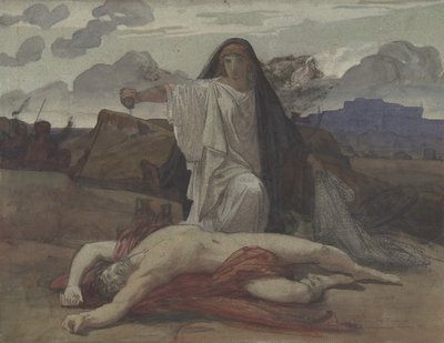 Antigone giver tokenbegravelse til hendes bror Polynices lig, 1835-98. af Jules Eugene Lenepveu