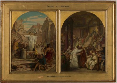 Skitse til kirken Saint-Ambroise: Sankt Augustin sætter en stopper for den barbariske praksis med fædre, brødre og sønner, der kæmper mod hinanden for at øve krig, mellem 1872 og 1875 (olie på lærred). af Jules Eugene Lenepveu