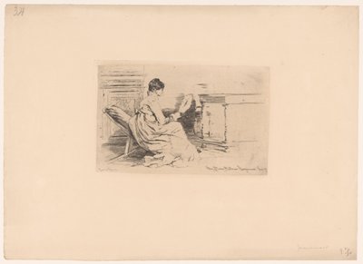 Kvinde med ventilator i lav stol af Jules Ferdinand Jacquemart (attributed to)