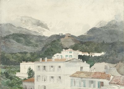 Landhuse ved foden af ​​bjergene, høje bjerge forude, La Turbie af Jules Ferdinand Jacquemart
