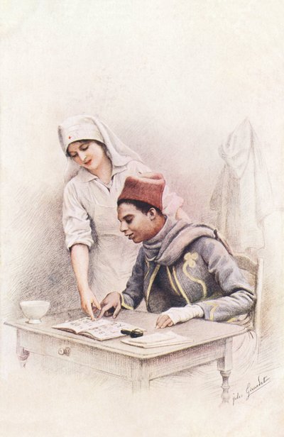 Læselektion. Postkort med "The War of Nations", der repræsenterer en Røde Kors-sygeplejerske, der lærer at læse for en senegalesisk skomand af Jules Girardet