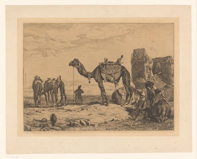 Landskab med kameler i ruin Sous les murs de Teheran (Perse) af Jules Joseph Augustin Laurens (signed by artist)