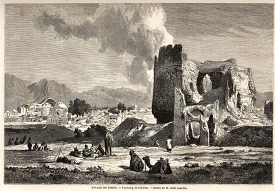 Forstæderne til Teheran (nuværende Iran). Tegning af Jules Laurens (1825-1901), til illustration af Arthur Gobineaus rejse til Persien fra 1855 til 1858. Indgravering i "" Le tour du monde, nouveau journal des voyages"" Paris af Jules Joseph Augustin Laurens