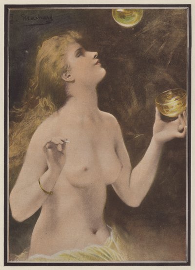 Kvinde blæser sæbebobler (farve litho) af Jules Louis Machard
