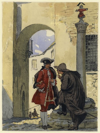 Illustration til Casanovas erindringer (farvelitografi) af Jules Marie Auguste Leroux
