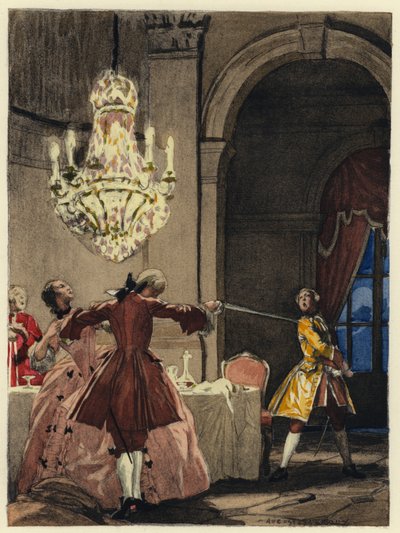 Illustration til Casanovas erindringer (farvelitografi) af Jules Marie Auguste Leroux