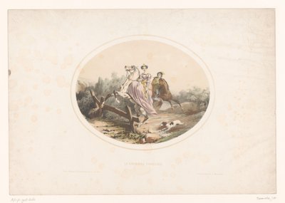 Adelskvinde hopper over et hegn med hest La Barrier Franchie (titel på objekt) af Jules Marie Desandre