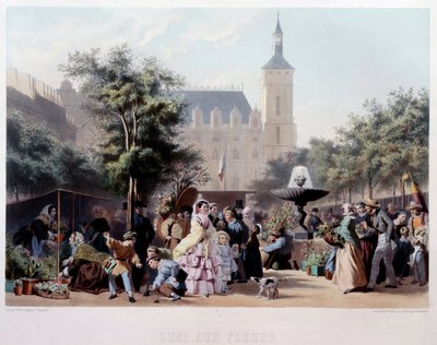 Udsigt over Quai aux Fleurs i Paris Turen på Ile de la Cite. Litografi af Jules Marie Desandre (1845-?) Paris fra det 19. århundrede, Musee Carnavalet af Jules Marie Desandre